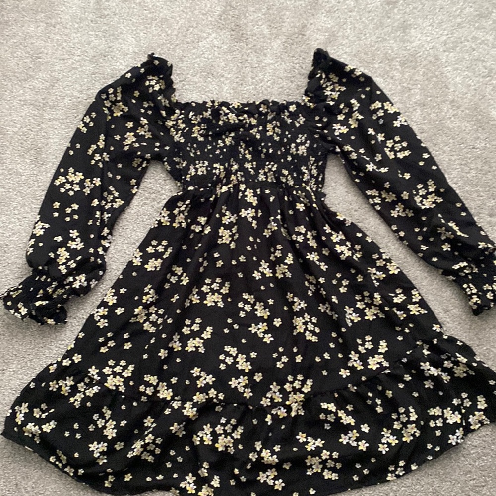 Black and yellow floral long sleeve off the shoulder sun dress